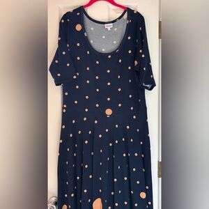 LuLaRoe Navy and Gold Polka Dot Fit and Flare Midi Dress  3XL